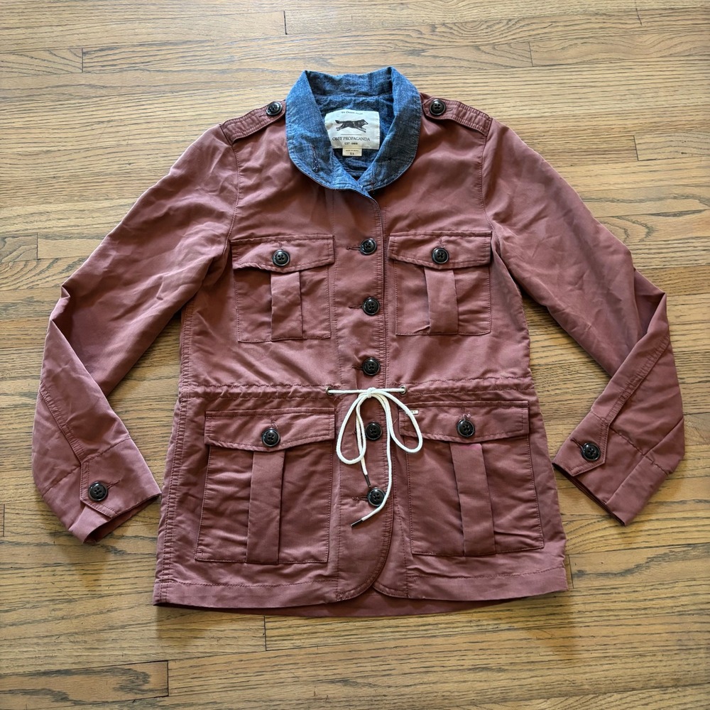 Obey Propaganda Womens XS Mauve Utility Field Jacket Denim Drawstring Waist
